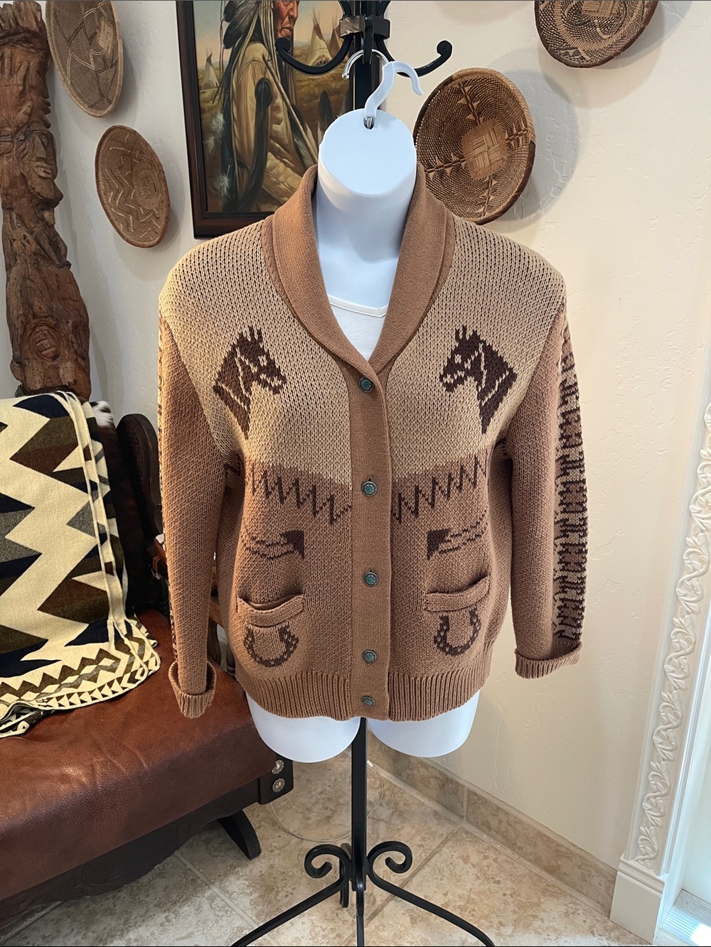Tasha Polizzi Tan and Brown Dakota Western Horse Motif Cardigan - Picture 2 of 14